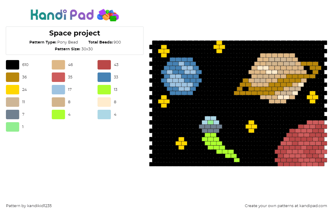 Space project - Pony Bead Pattern by kandikid1235 on Kandi Pad - space,planets,saturn,stars,dark,panel,black,tan,blue,red