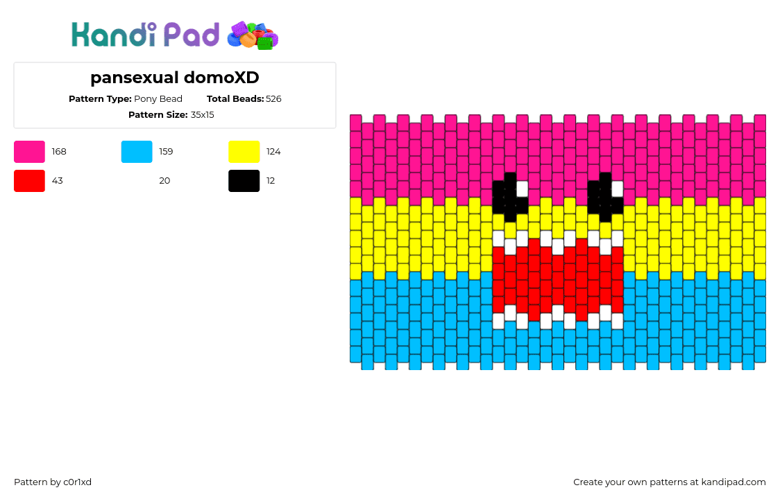 pansexual domoXD - Pony Bead Pattern by c0r1xd on Kandi Pad - domo,pansexual,pride,mouth,face,cuff,pink,yellow,light blue,red