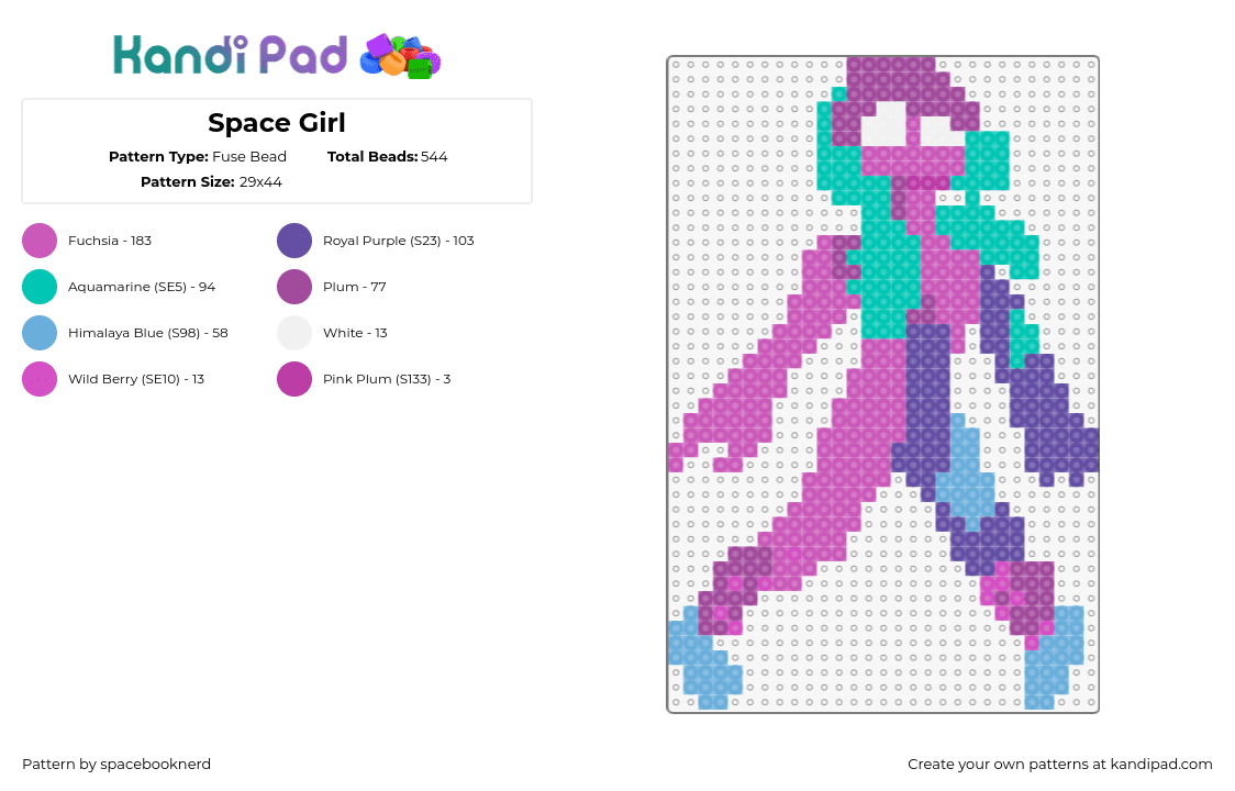 Space Girl - Fuse Bead Pattern by spacebooknerd on Kandi Pad - space girl,delver,alien,character,pink,teal,purple