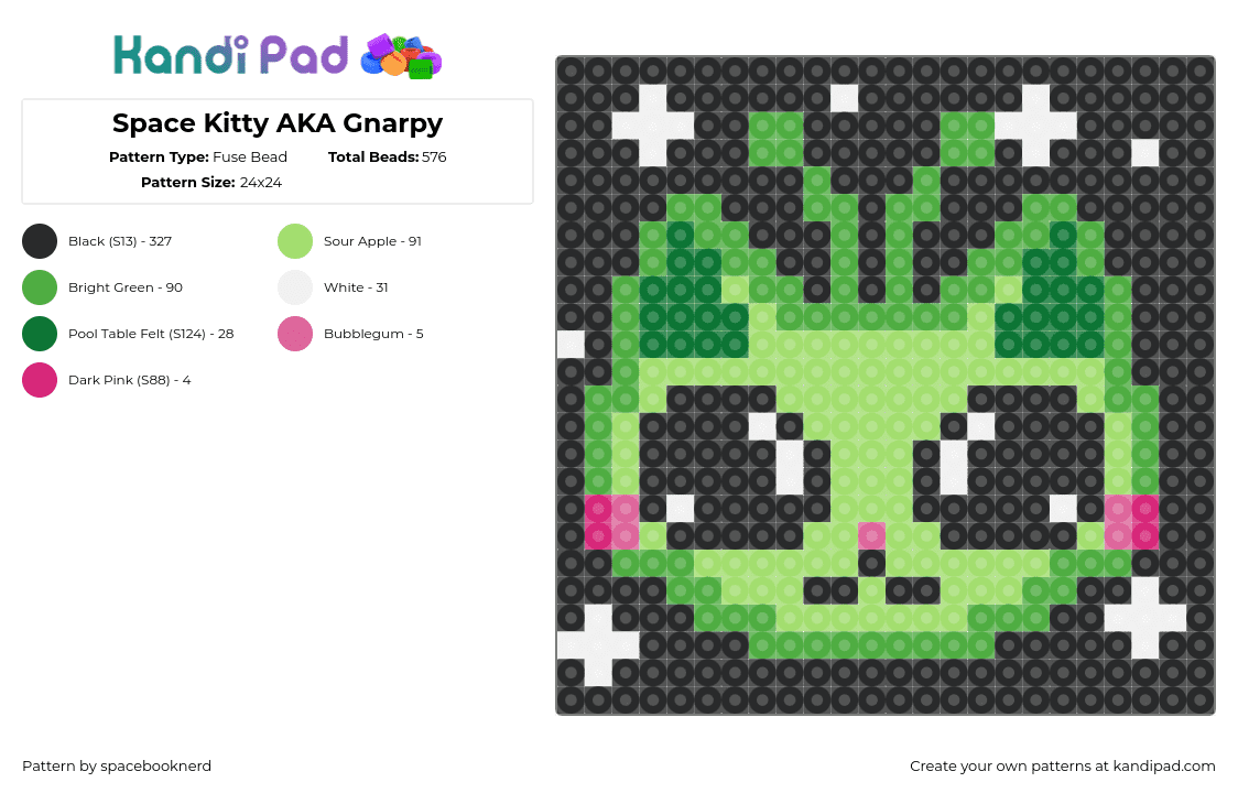 Space Kitty AKA Gnarpy - Fuse Bead Pattern by spacebooknerd on Kandi Pad - alien,cat,space,kitty,extraterrestrial,cute,green,black