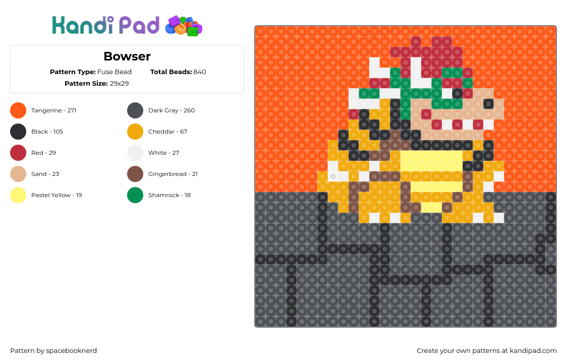 Bowser - Fuse Bead Pattern by spacebooknerd on Kandi Pad - bowser,mario,nintendo,villain,video game,character,panel,gray,orange,yellow