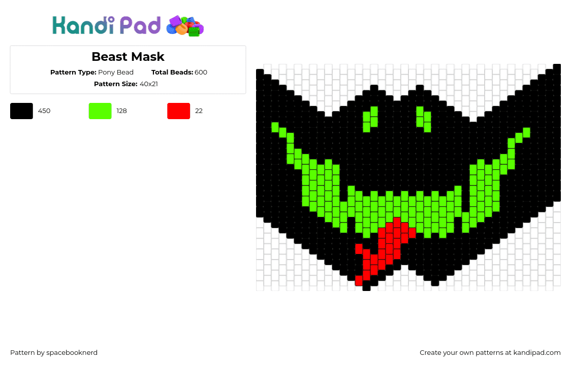 Beast Mask - Pony Bead Pattern by spacebooknerd on Kandi Pad - snake,beast,creature,reptile,tongue,mouth,mask,green,black