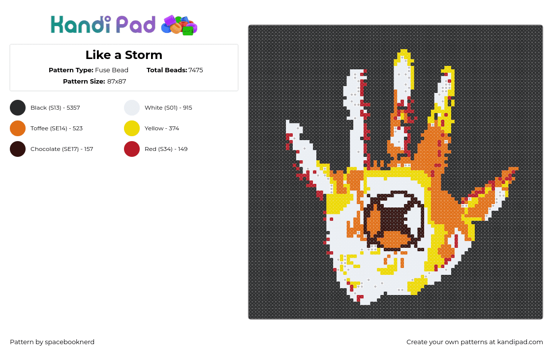 Like a Storm - Fuse Bead Pattern by spacebooknerd on Kandi Pad - like a storm,hand,fiery,music,band,black,orange,yellow