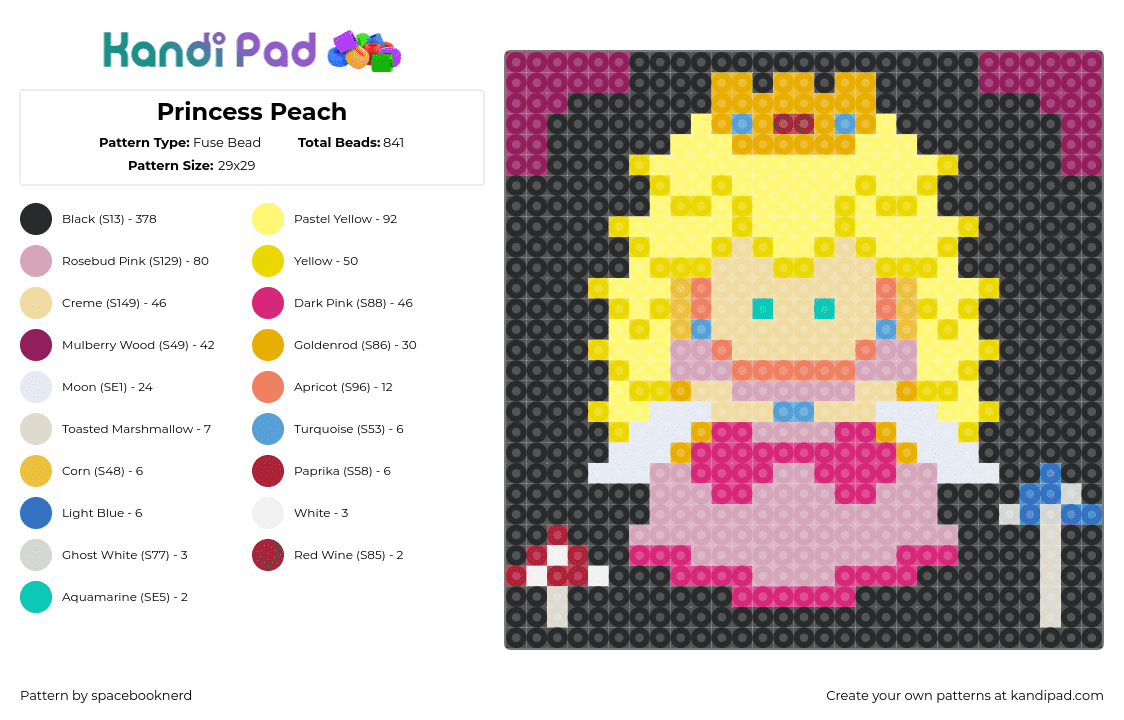 Princess Peach - Fuse Bead Pattern by spacebooknerd on Kandi Pad - peach,princess,mario,nintendo,video game,character,panel,blonde,yellow,pink,black