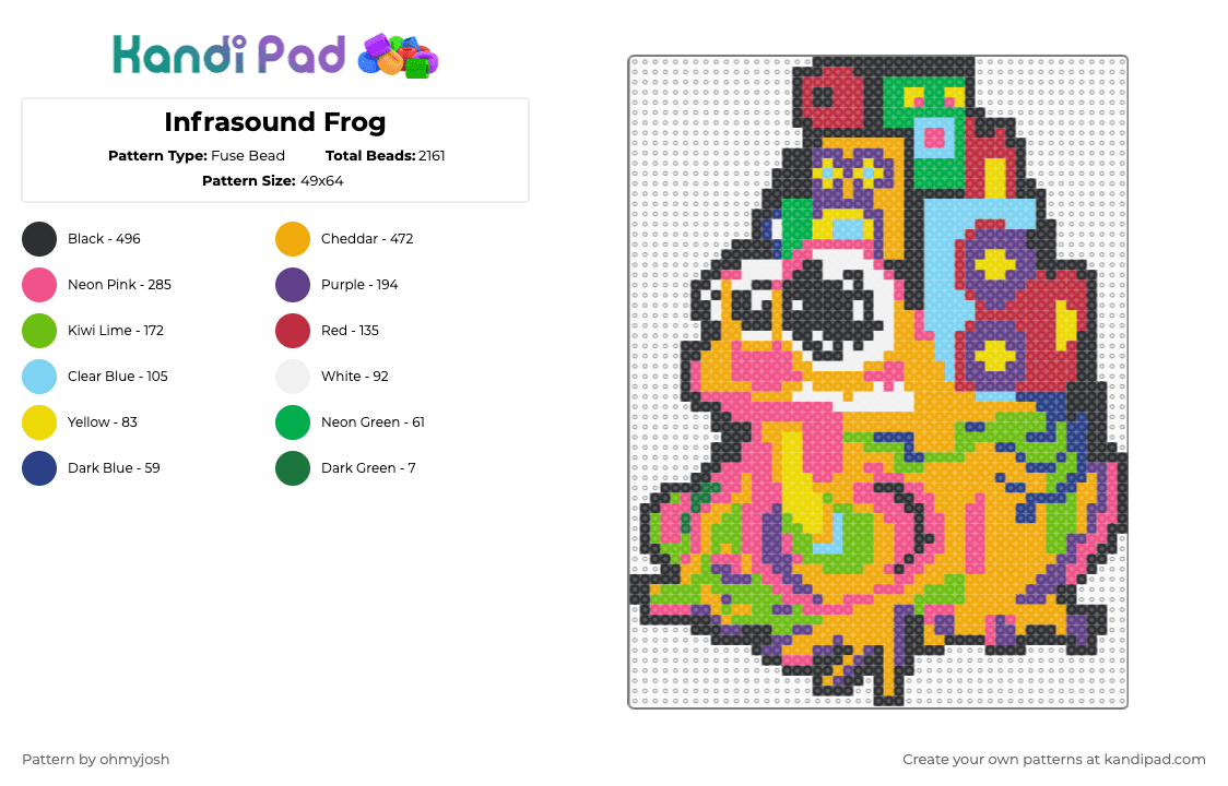 Infrasound Frog - Fuse Bead Pattern by ohmyjosh on Kandi Pad - infrasound,frog,music,trippy,psychedlic,edm,animal,green,purple,orange,pink,festival