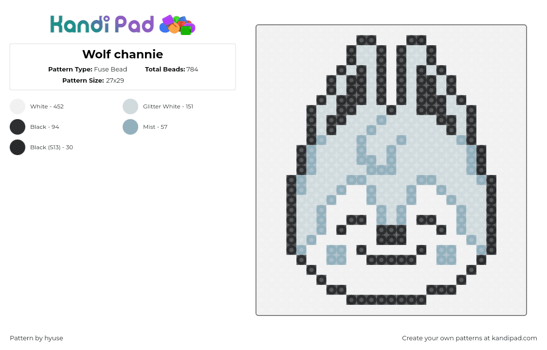 Wolf channie - Fuse Bead Pattern by hyuse on Kandi Pad - wolf chan,stray kids,skzoo,face,head,cute,smile,music,animal,gray,white