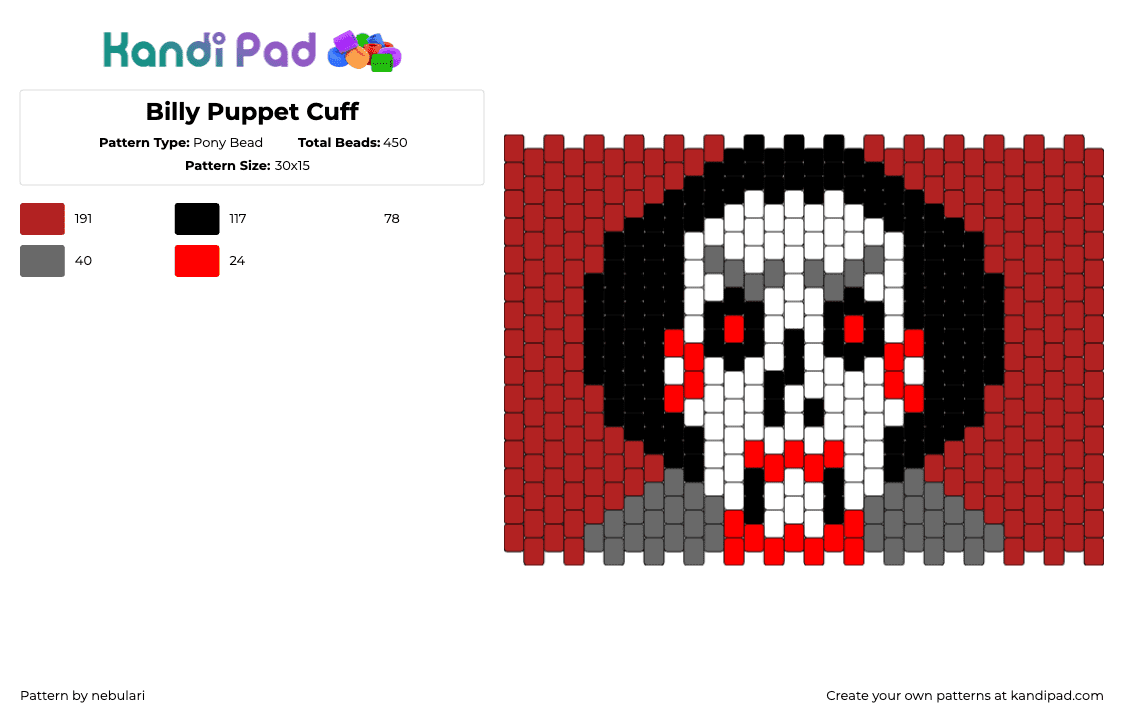 Billy Puppet Cuff - Pony Bead Pattern by nebulari on Kandi Pad - billy,puppet,saw,character,horror,movie,cuff,red,beige,black