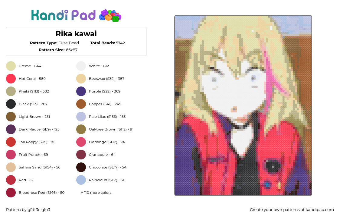 Rika kawai - Fuse Bead Pattern by gl1tt3r_glu3 on Kandi Pad - rika kawai,wonder egg priority,anime,tv show,blonde,yellow,red