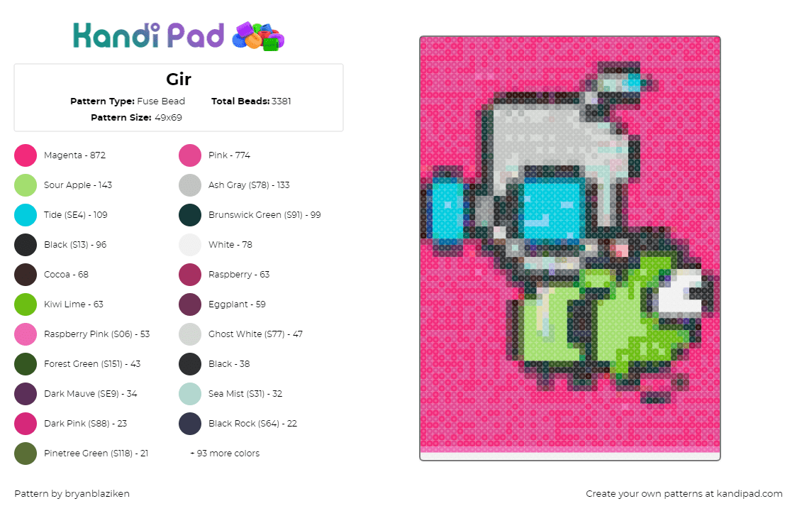 Gir - Fuse Bead Pattern by bryanblaziken on Kandi Pad - gir,invader zim,robot,costume,cartoon,character,tv show,light blue,gray,green,pink