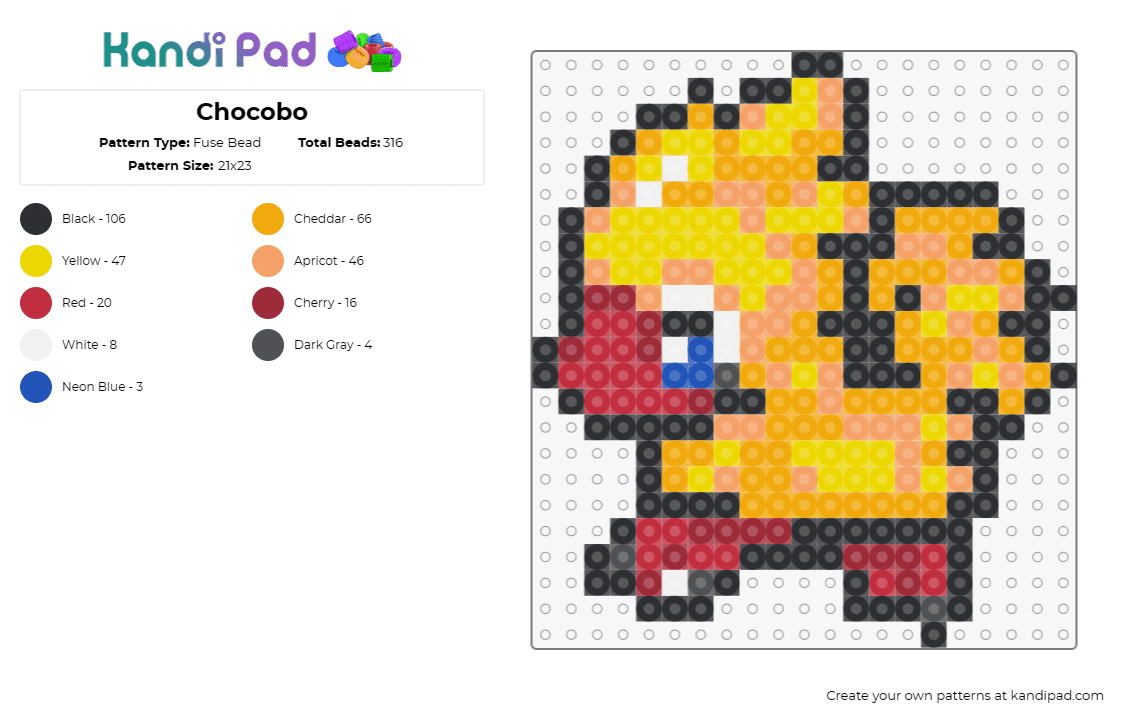 Chocobo - Fuse Bead Pattern by deleted_user_591099 on Kandi Pad - chocobo,final fantasy,character,chicken,video game,yellow,red