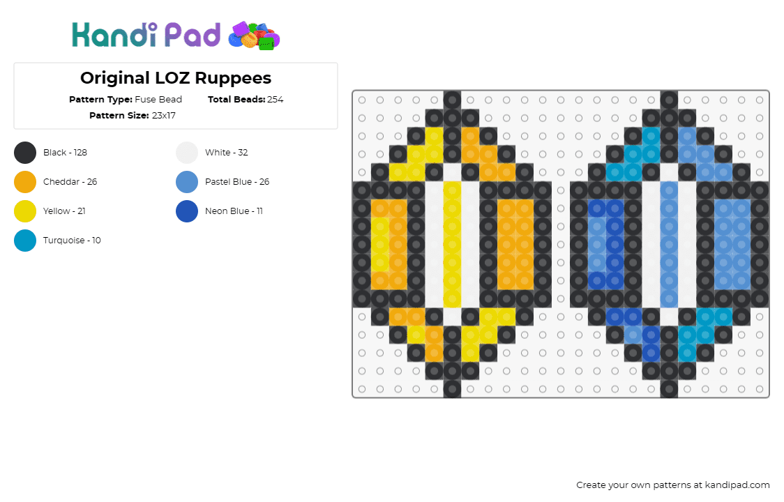 Original LOZ Ruppees - Fuse Bead Pattern by deleted_user_591099 on Kandi Pad - rupees,legend of zelda,gems,diamonds,video game,money,yellow,blue