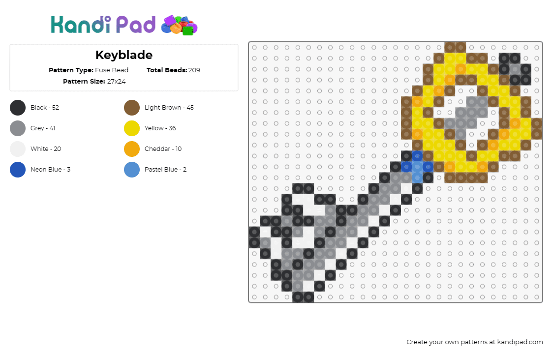 Keyblade - Fuse Bead Pattern by deleted_user_591099 on Kandi Pad - keyblade,kingdom hearts,video game,sword,gray,yellow