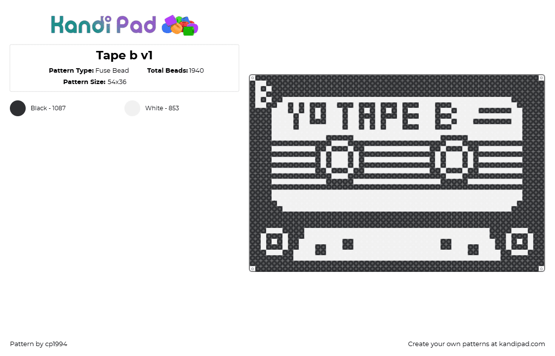 Tape b v1 - Fuse Bead Pattern by cp1994 on Kandi Pad - tape b,cassette,dj,music,edm,dubstep,black,white