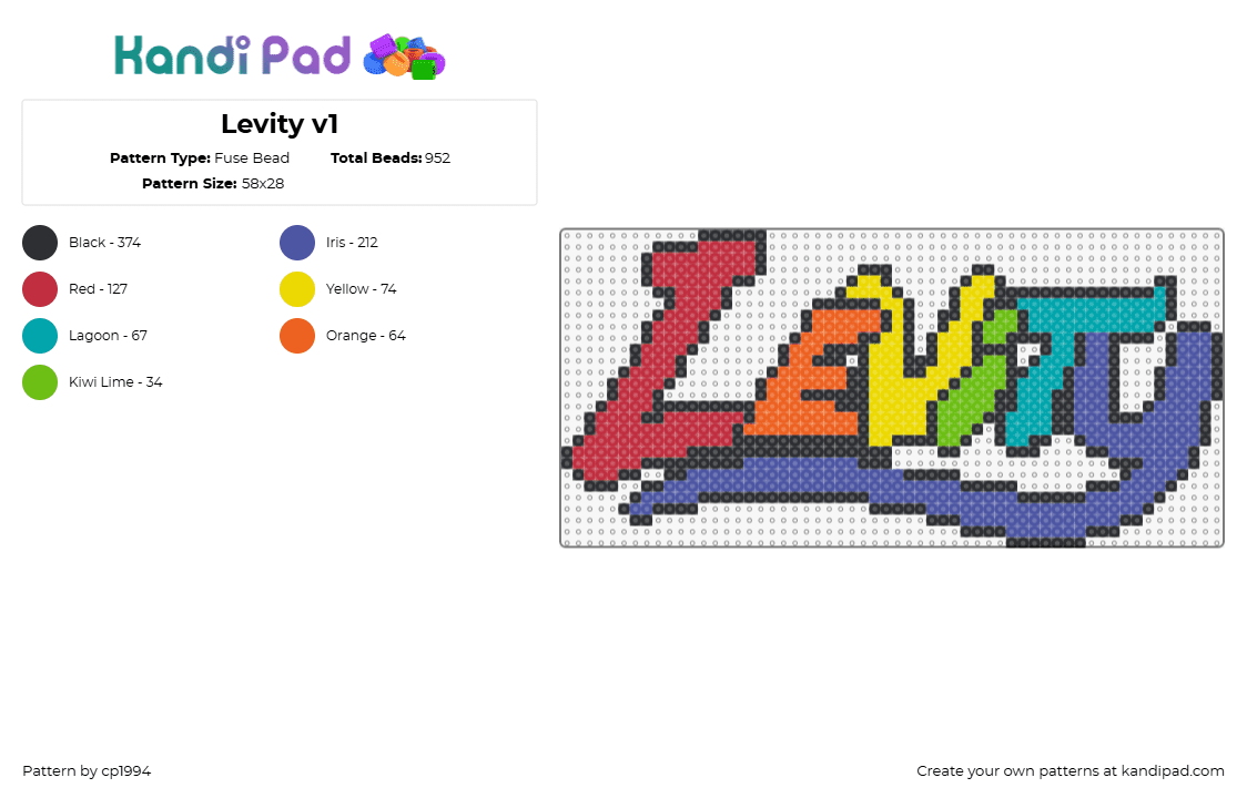 Levity v1 - Fuse Bead Pattern by cp1994 on Kandi Pad - levity,logo,colorful,dj,music,edm,rainbow,red,teal