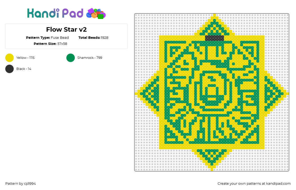 Flow Star v2 - Fuse Bead Pattern by cp1994 on Kandi Pad - flow star,geometric,rave,music,green,yellow