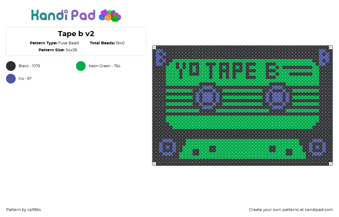 Tape b v2 - Fuse Bead Pattern by cp1994 on Kandi Pad - tape b,cassette,dj,music,edm,dubstep,black,green