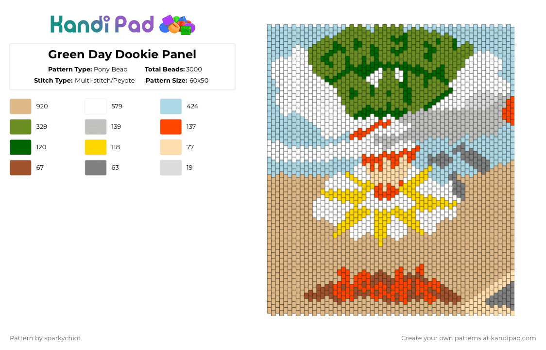 Green Day Dookie Panel - Pony Bead Pattern by sparkychiot on Kandi Pad - dookie,green day,light blue,green,beige