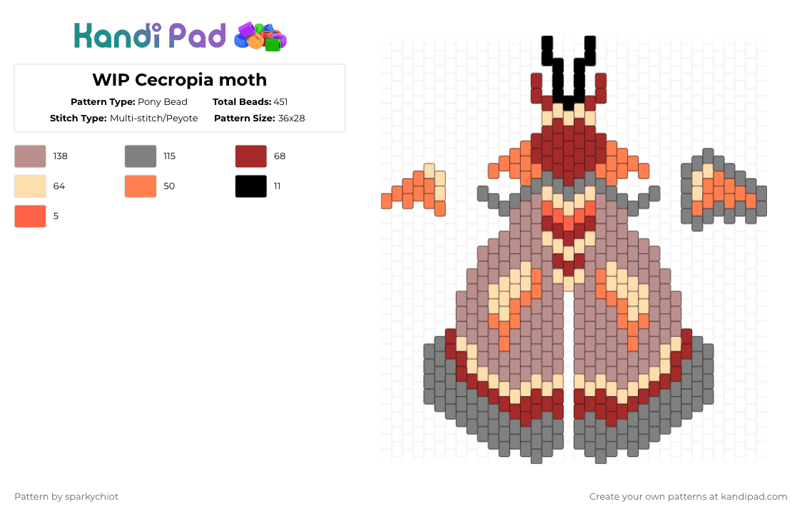 WIP Cecropia moth - Pony Bead Pattern by sparkychiot on Kandi Pad - beige,gray