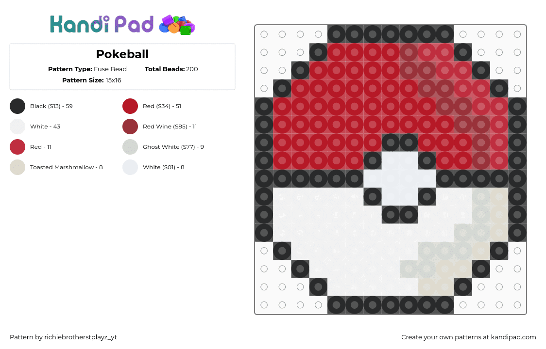 Pokeball - Fuse Bead Pattern by richiebrotherstplayz_yt on Kandi Pad - pokeball,pokemon,gaming,red,white