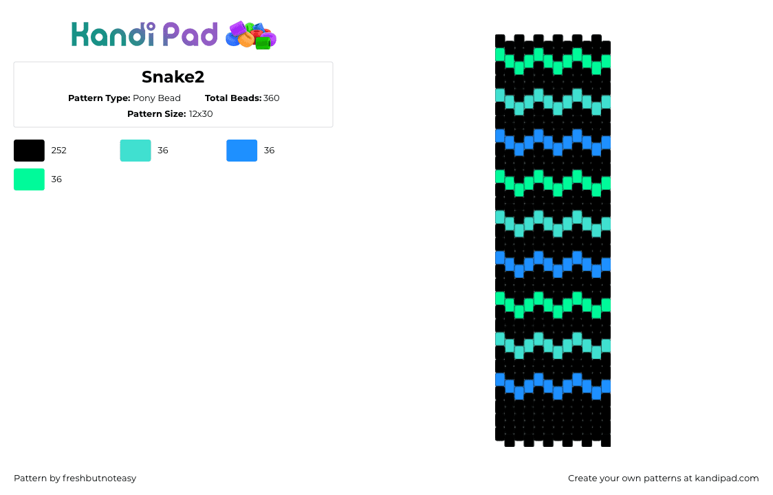 Snake2 - Pony Bead Pattern by freshbutnoteasy on Kandi Pad - zigzag,snakes,worms,dark,panel,black,green,teal,blue