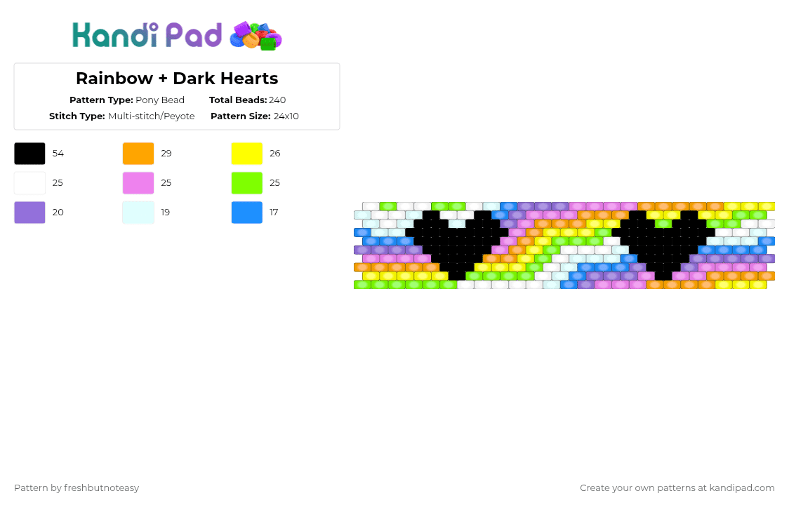Rainbow + Dark Hearts - Pony Bead Pattern by freshbutnoteasy on Kandi Pad - pink,orange,yellow,green