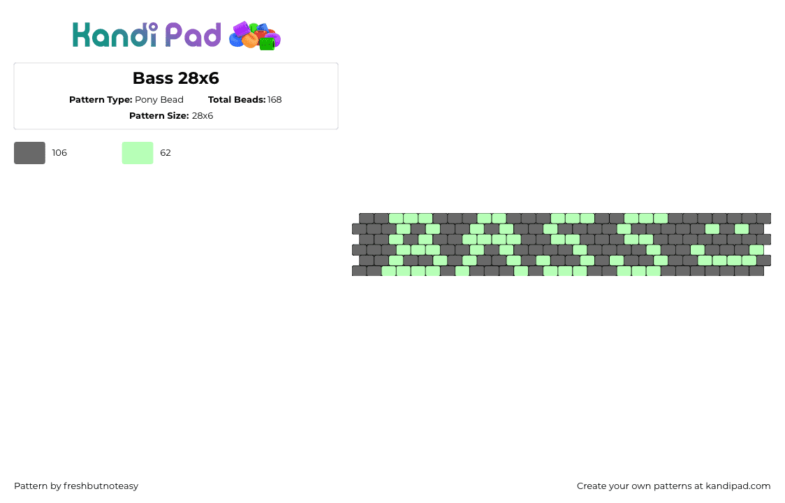 Bass 28x6 - Pony Bead Pattern by freshbutnoteasy on Kandi Pad - bass,text,glow,smiley,dark,cuff,green,gray