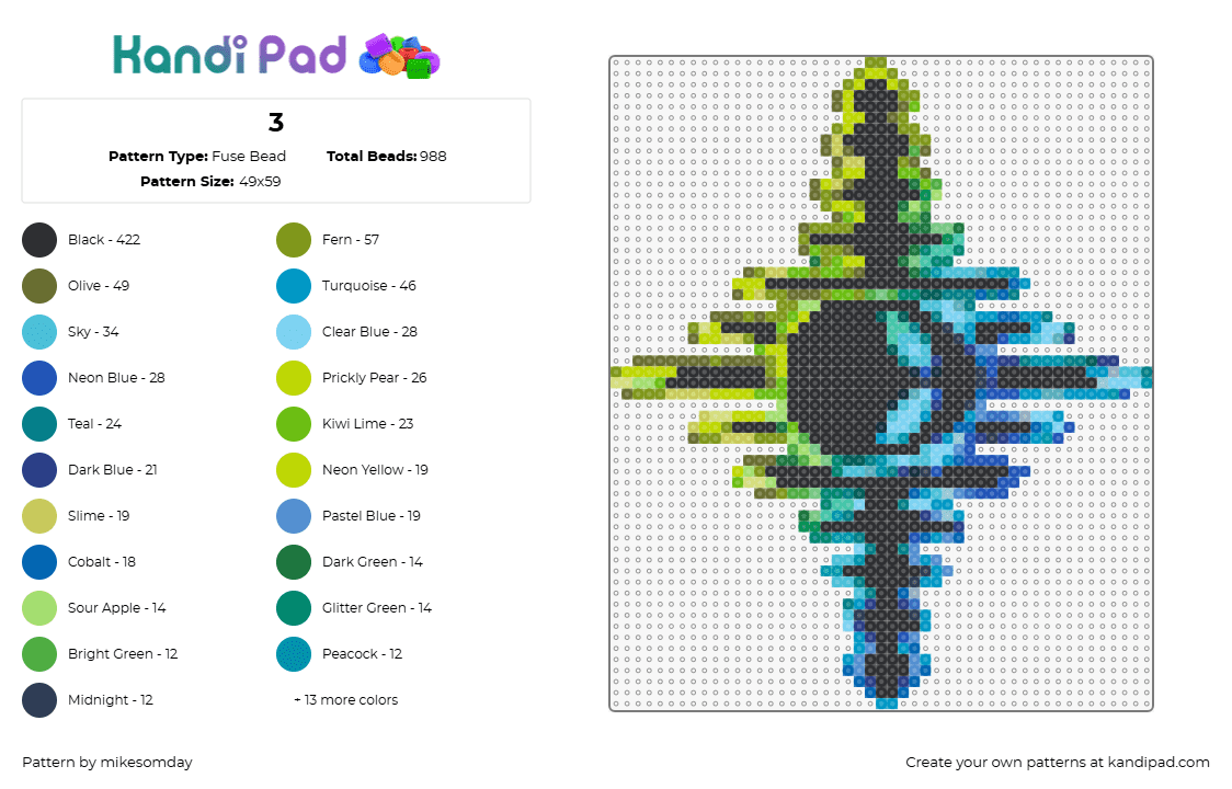 3 - Fuse Bead Pattern by mikesomday on Kandi Pad - shlump,alien,soundwave,logo,dj,music,edm,black,green,blue