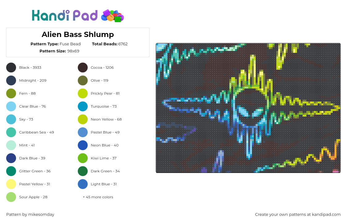 Alien Bass Shlump - Fuse Bead Pattern by mikesomday on Kandi Pad - shlump,alien,soundwaves,music,song,dj,edm,gradient,dark,black,yellow,teal