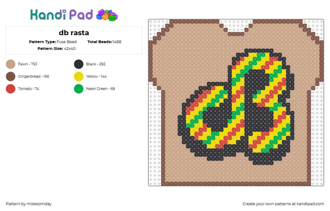 db rasta - Fuse Bead Pattern by mikesomday on Kandi Pad - daily bread,db,dj,logo,toast,music,edm,rasta,stripes,tan,yellow,red,green