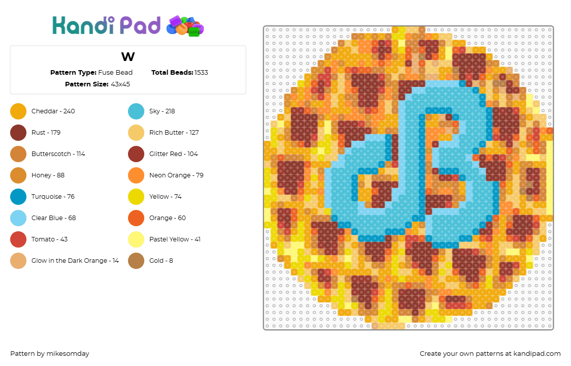 W - Fuse Bead Pattern by mikesomday on Kandi Pad - orange,red,light blue