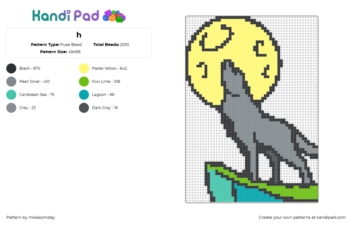 h - Fuse Bead Pattern by mikesomday on Kandi Pad - wolf,moon,night,animal,howl,yellow,gray,green