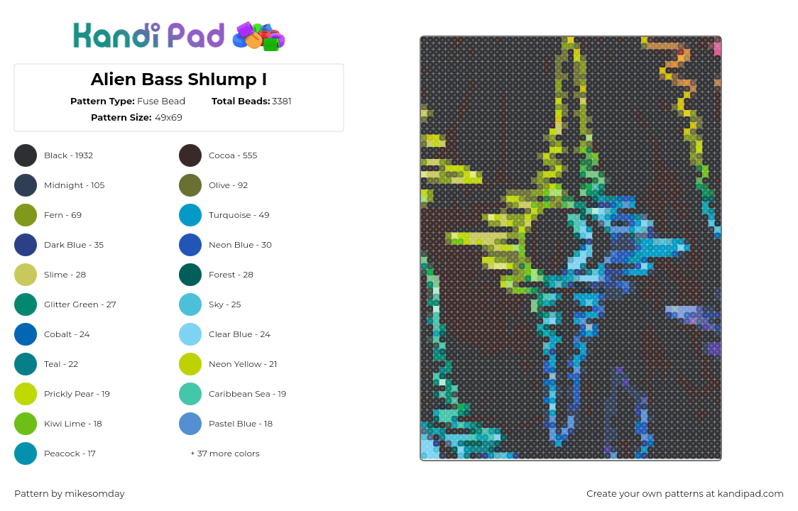 Alien Bass Shlump I - Fuse Bead Pattern by mikesomday on Kandi Pad - shlump,alien,soundwaves,music,song,dj,edm,gradient,dark,black,yellow,teal