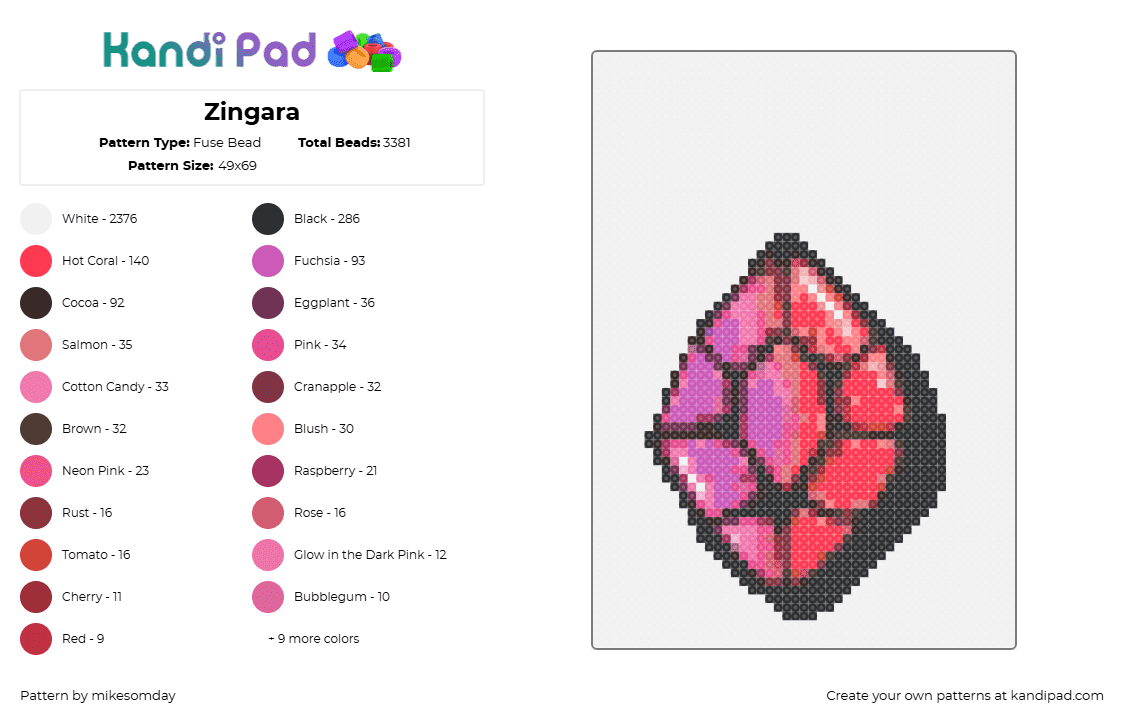 Zingara - Fuse Bead Pattern by mikesomday on Kandi Pad - zingara,gem,diamond,dj,music,edm,pink,red