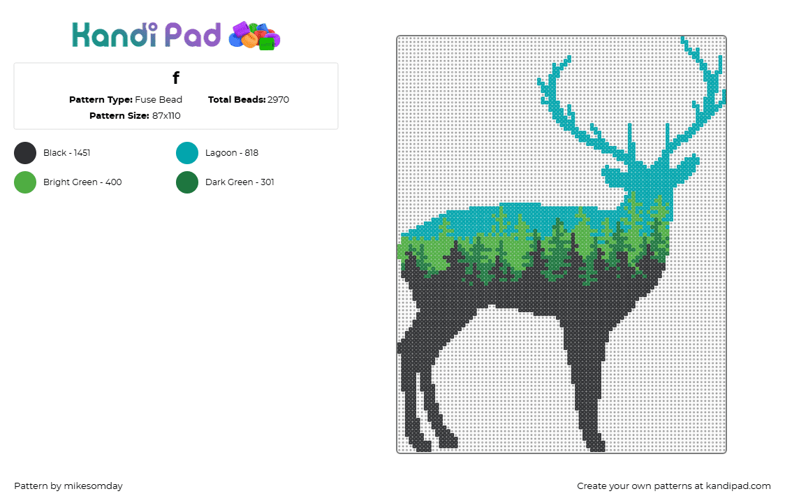 f - Fuse Bead Pattern by mikesomday on Kandi Pad - deer,nature,forest,silhouette,black,green,light blue