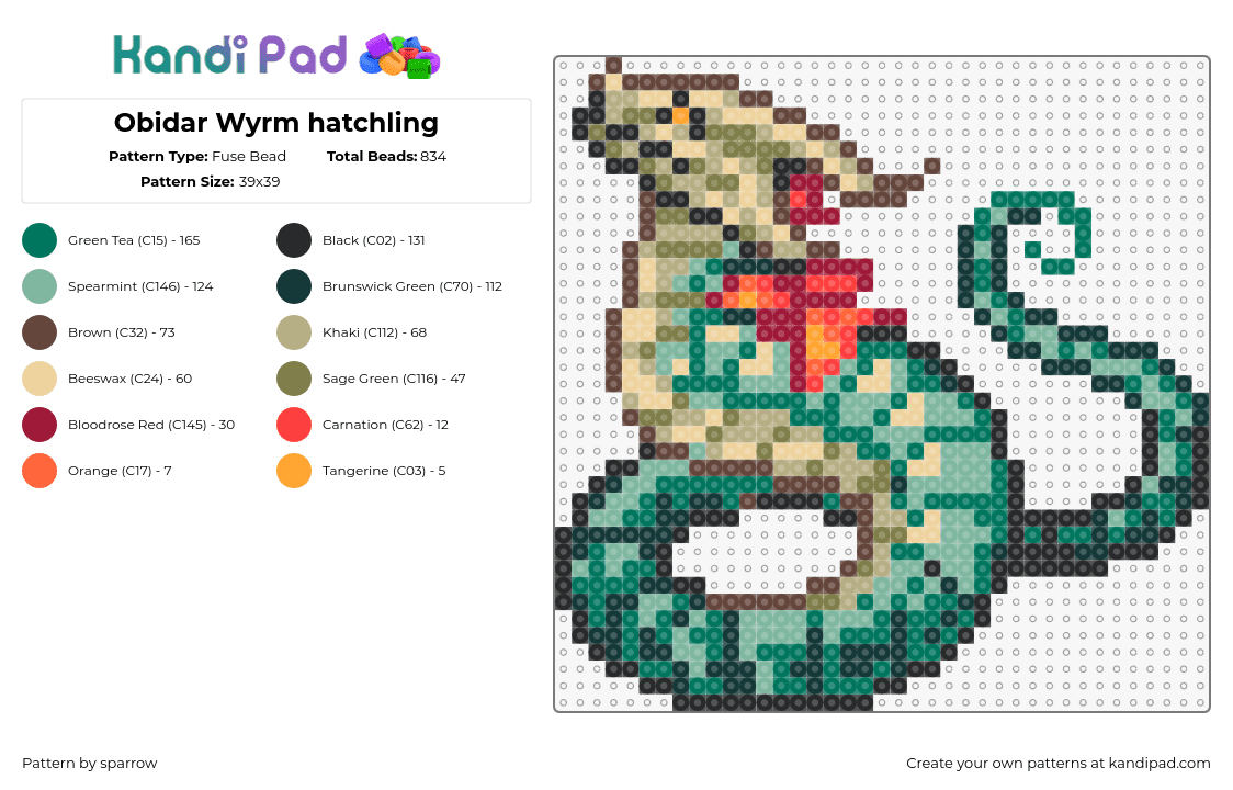 Obidar Wyrm hatchling - Fuse Bead Pattern by sparrow on Kandi Pad - obidar,xenowyrm,dragon cave,character,video game,teal,green,tan