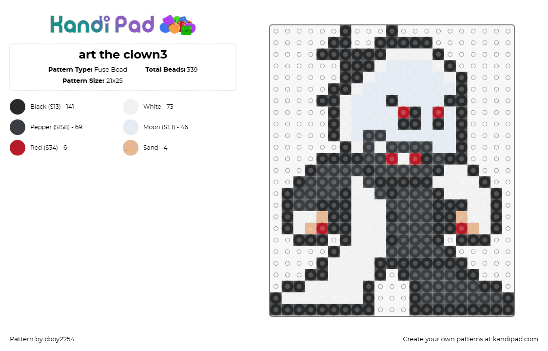 art the clown3 - Fuse Bead Pattern by cboy2254 on Kandi Pad - art,terrifier,clown,horror,movie,character,chibi,slasher,scary,black,white