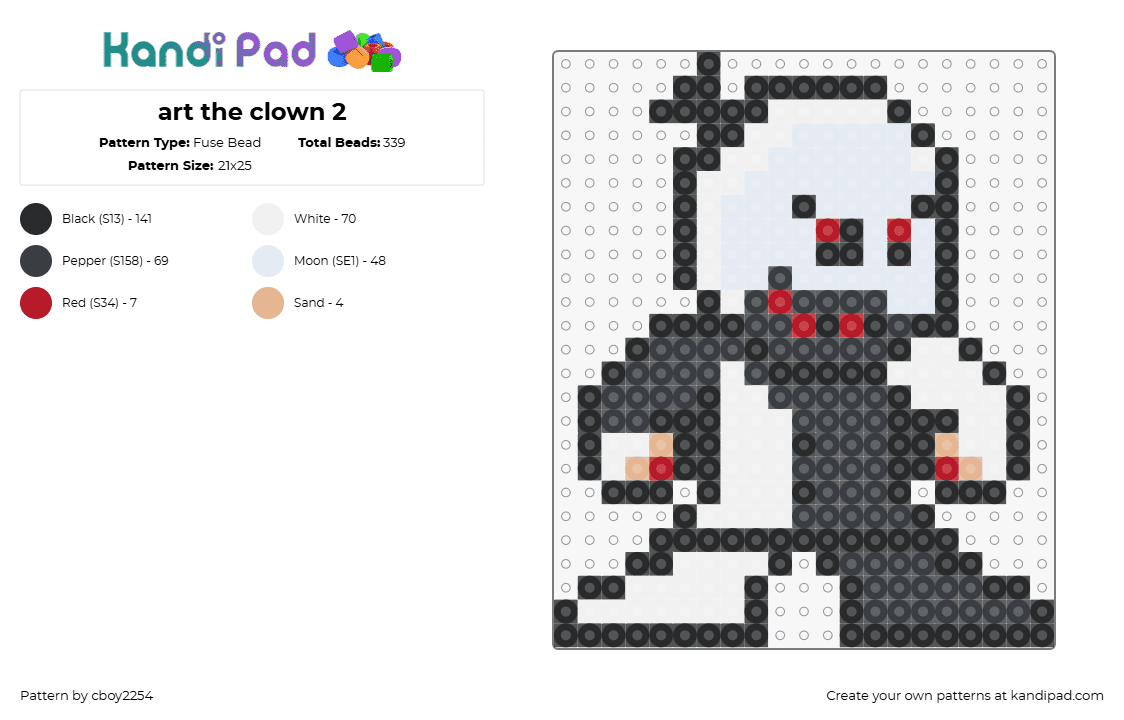 art the clown 2 - Fuse Bead Pattern by cboy2254 on Kandi Pad - art,terrifier,clown,horror,movie,character,chibi,slasher,scary,black,white