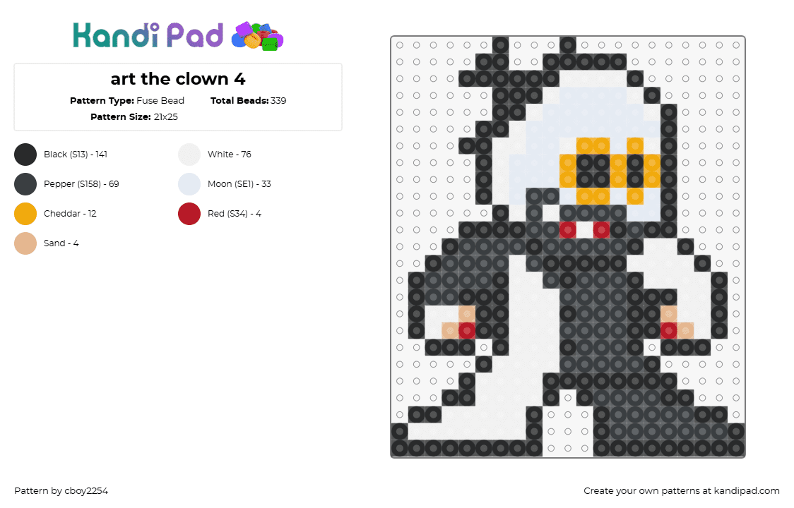 art the clown 4 - Fuse Bead Pattern by cboy2254 on Kandi Pad - art,terrifier,clown,horror,movie,eyes,character,chibi,slasher,scary,black,white