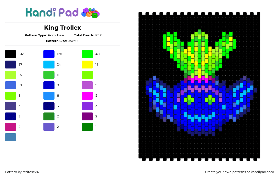 King Trollex - Pony Bead Pattern by redrose24 on Kandi Pad - king trollex,trolls,head,character,dreamworks,animation,movie,panel,dark,black,blue,green