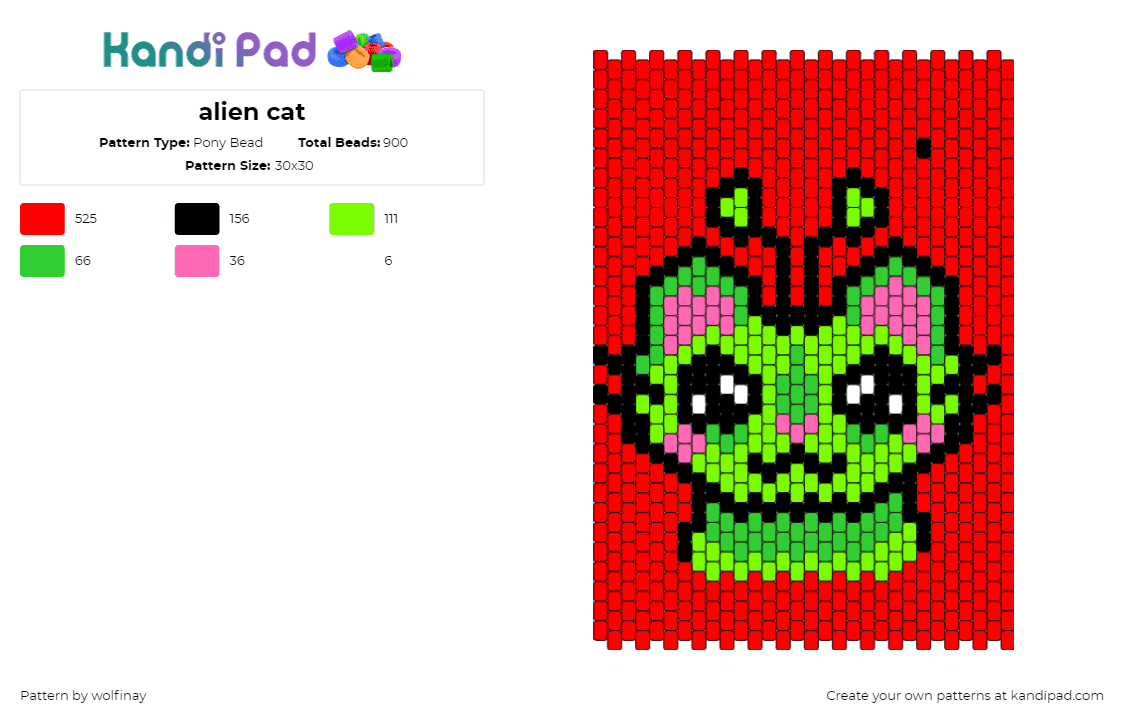 alien cat - Pony Bead Pattern by wolfinay on Kandi Pad - cat,alien,cute,animal,extraterrestrial,panel,green,pink,red