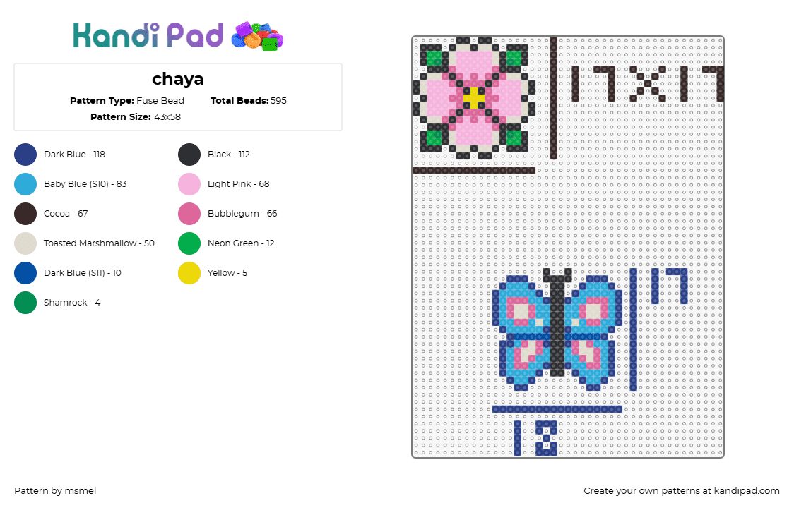 chaya - Fuse Bead Pattern by msmel on Kandi Pad - butterfly,flower,charms,nature,insect,light blue,pink