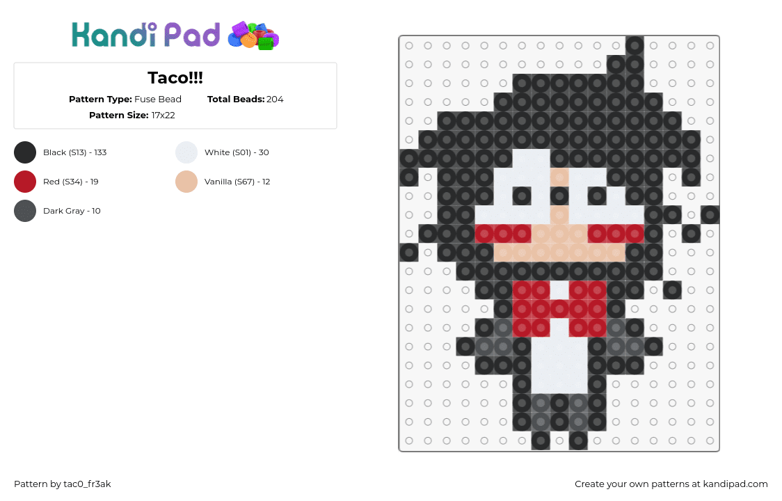 Taco!!! - Fuse Bead Pattern by tac0_fr3ak on Kandi Pad - taco. chibi,character,suit,red,black,white