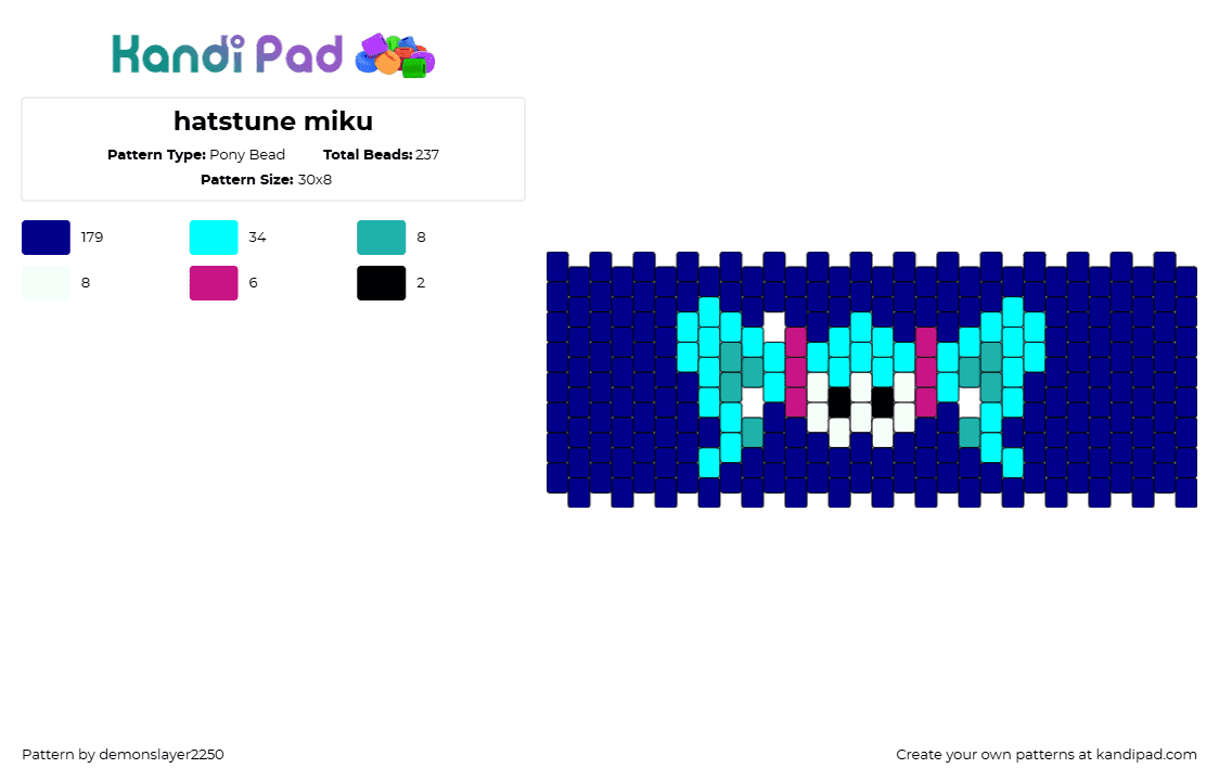 hatstune miku - Pony Bead Pattern by demonslayer2250 on Kandi Pad - hatsune miku,vocaloid,cuff,music,blue,light blue