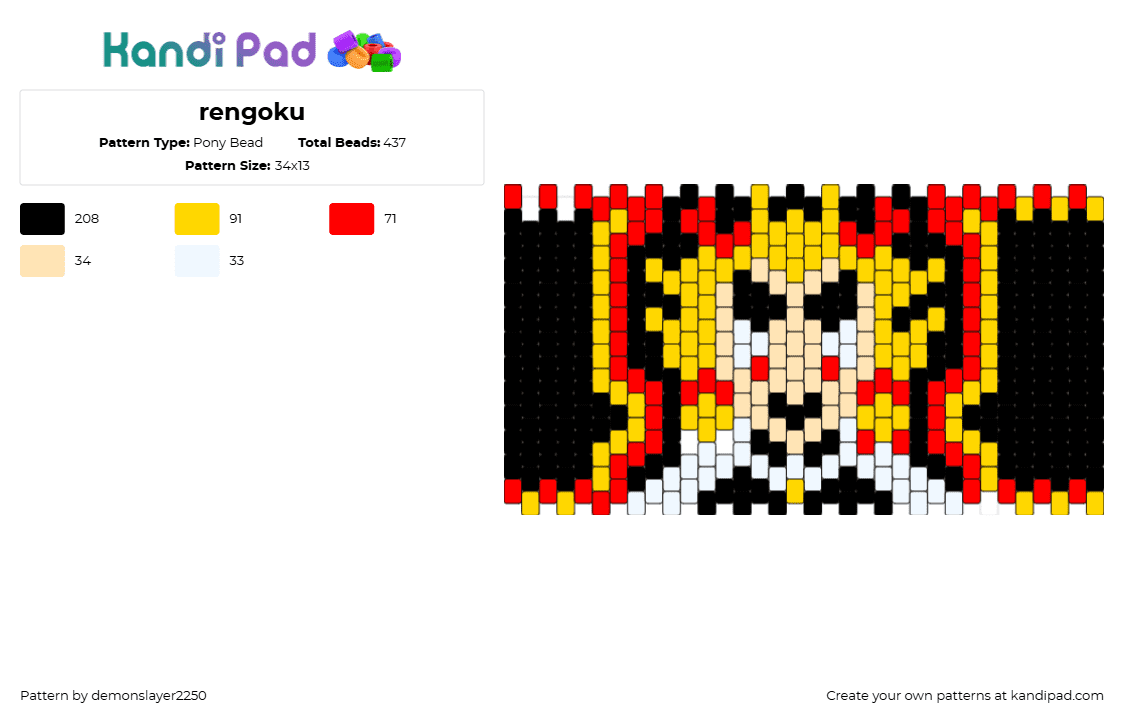 rengoku - Pony Bead Pattern by demonslayer2250 on Kandi Pad - kyojuro rengoku,demon slayer,anime,character,fiery,hashira,yellow,red,black