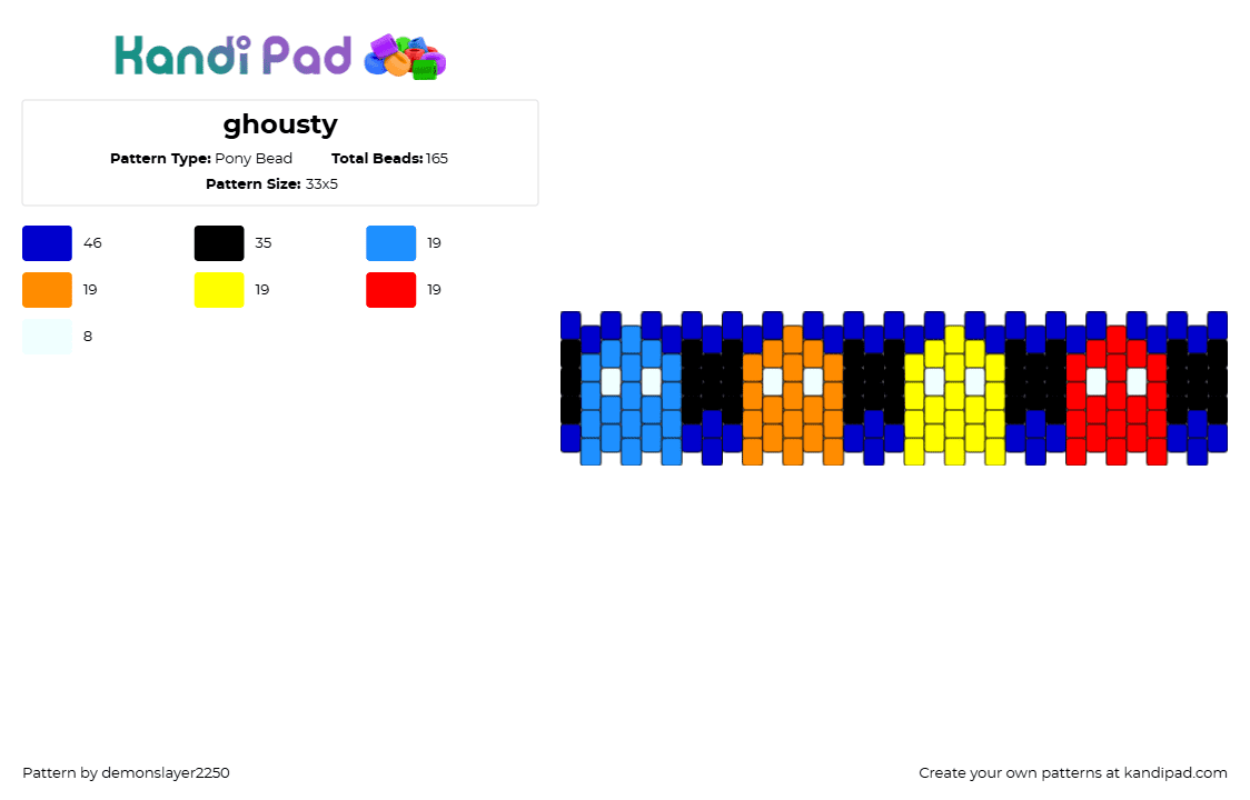 ghousty - Pony Bead Pattern by demonslayer2250 on Kandi Pad - pacman,ghosts,inky,blinky,clyde,pinky,bracelet,cuff,arcade,retro,video game,blue,orange,yellow,red