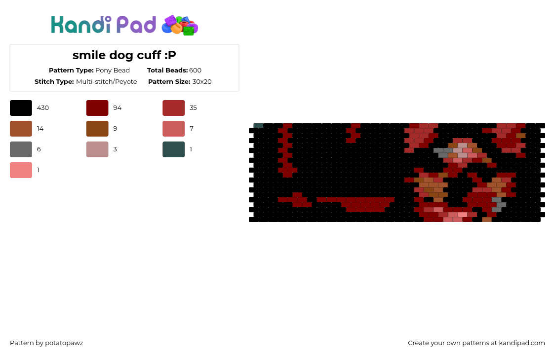 smile dog cuff :P - Pony Bead Pattern by potatopawz on Kandi Pad - black,brown,red