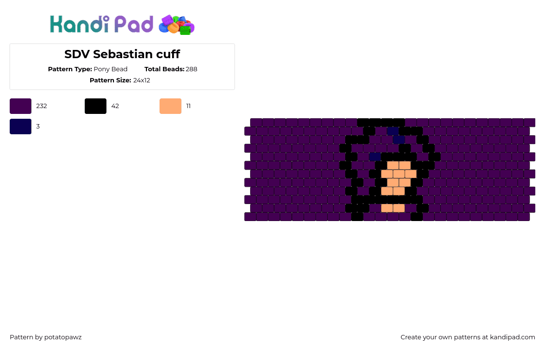 SDV Sebastian cuff - Pony Bead Pattern by potatopawz on Kandi Pad - sebastian,stardew valley,video game,cuff,purple