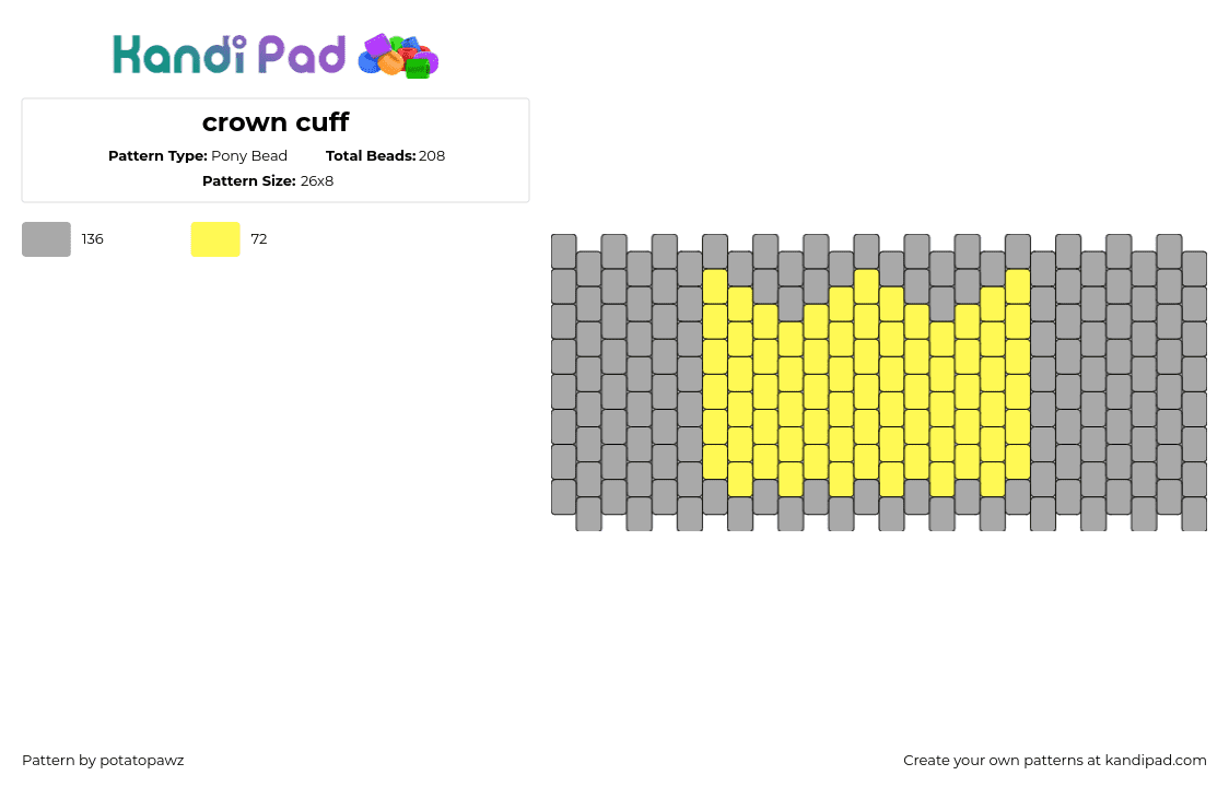 crown cuff - Pony Bead Pattern by potatopawz on Kandi Pad - crown,royalty,cuff,gray,yellow