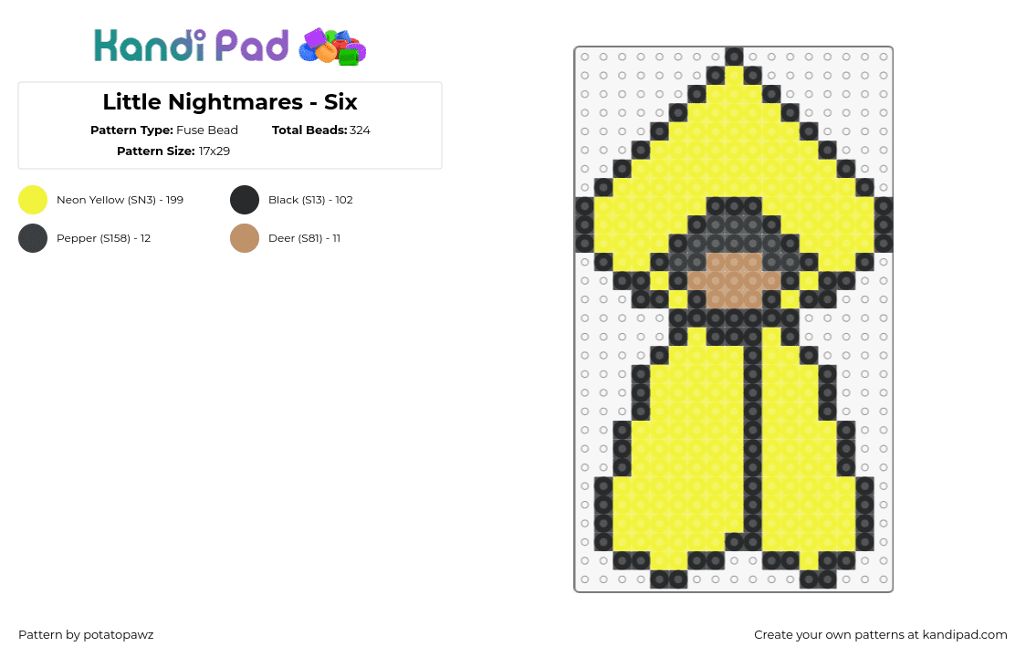 Little Nightmares - Six - Fuse Bead Pattern by potatopawz on Kandi Pad - six,little nightmares,character,video game,horror,yellow