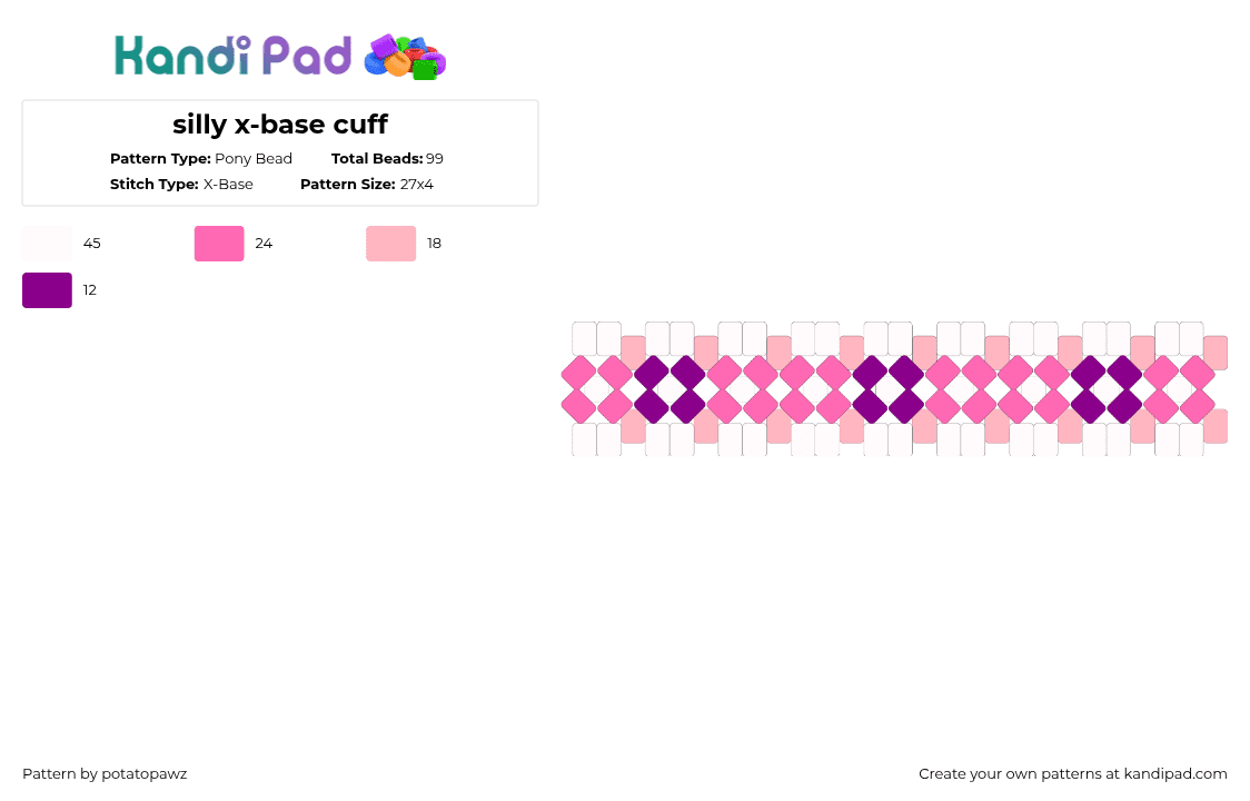 silly x-base cuff - Pony Bead Pattern by potatopawz on Kandi Pad - pink,white